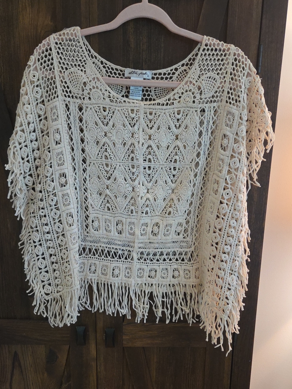 Ultra Pink Crochet Fringe Tunic Top in Cream